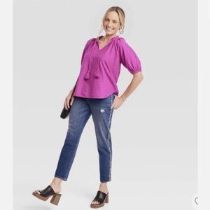 NWT Knox Rose Top Size XS Purple Frills V Neck Cinched Elbow Length Puff Sleeve